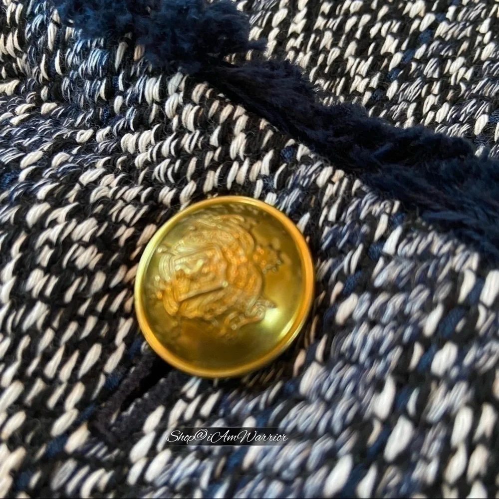 J.Crew NWT striped navy fringe tweed 2 gold button lady jacket *shop@iamwarrior